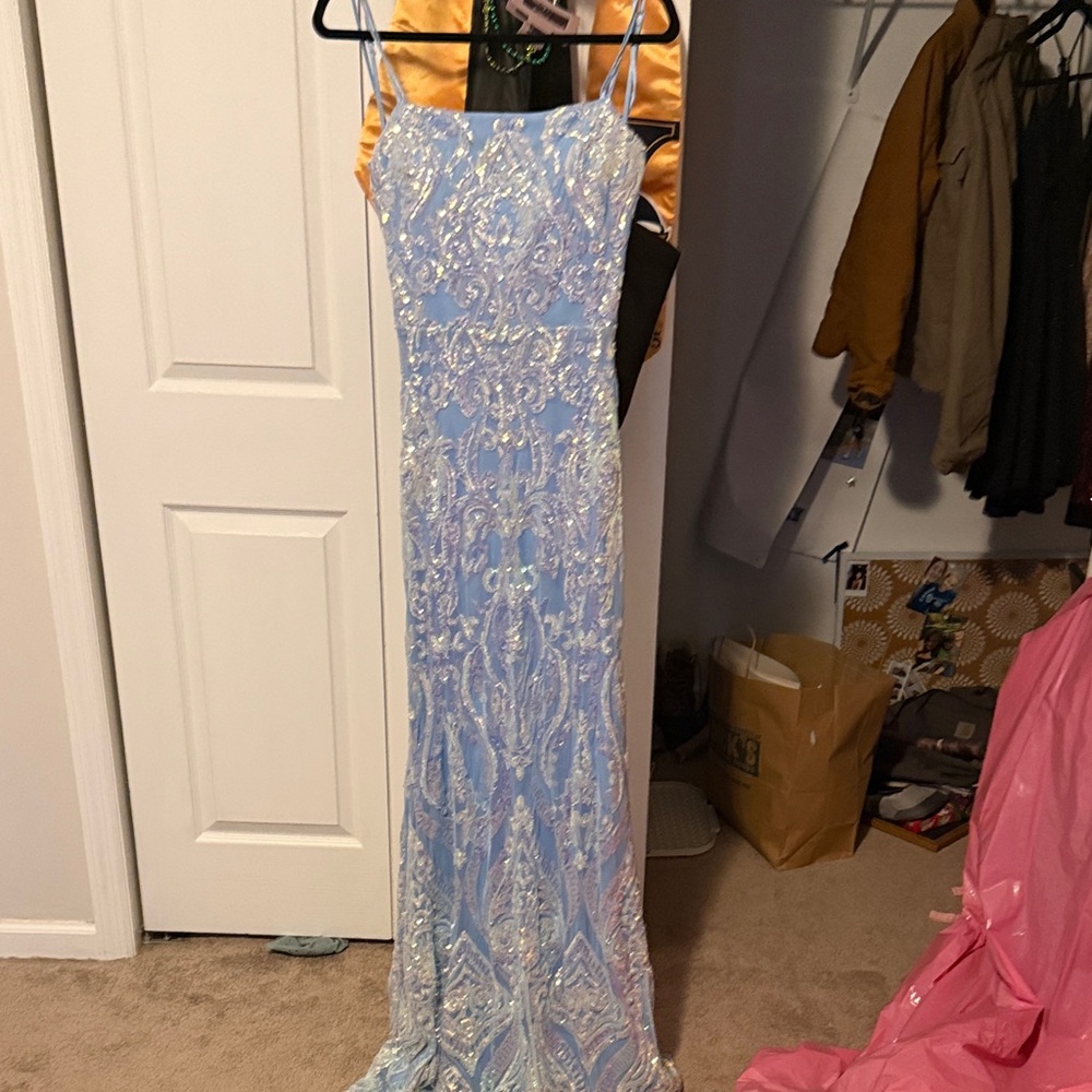 Elegant Blue Gown with Silver Embellishments